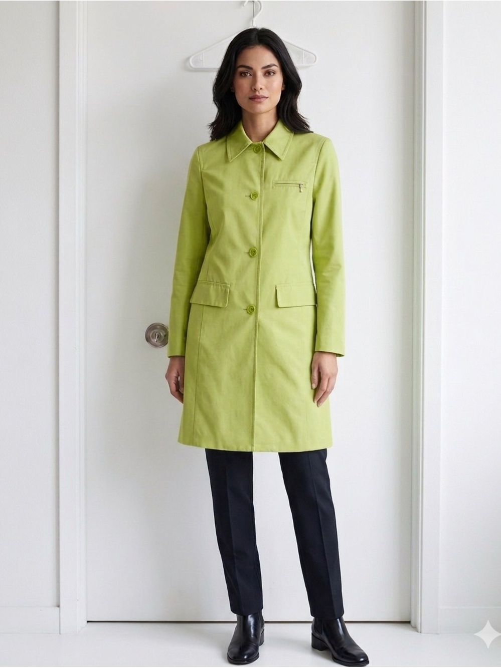 Kenneth Cole Coat Trench size S Buttons Front Pockets 100% Cotton green lime